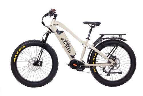Bakcou Mule electric fat tire hunting bike, tan frame, large Maxxis tires, rear rack