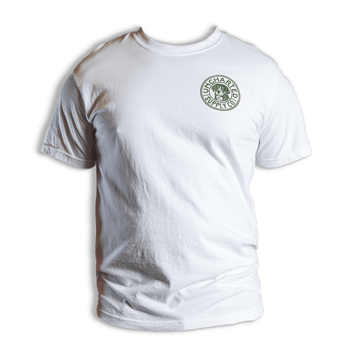 Conquer Everything T-Shirt in white, featuring Uncharted Supply Co green dog logo on chest. Casual outdoor apparel for men