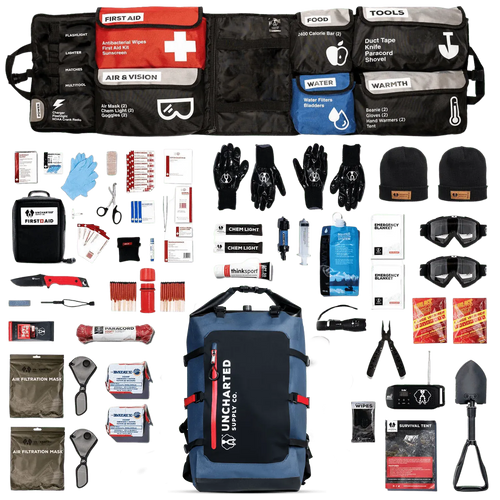 Overlay photo of seventy2.0 survival system and it's contents