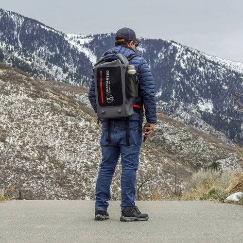 Person wearing a backpack with a mountainous landscape in the background
