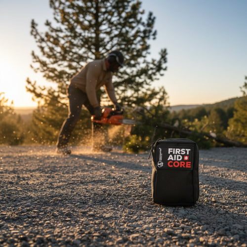 First Aid Core tactical kit, black Uncharted pouch on gravel, person cutting wood with chainsaw
