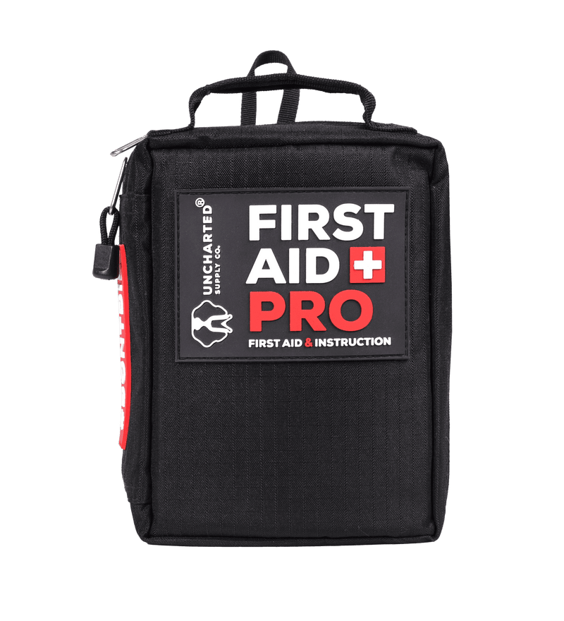 A black first aid bag with the label 'First Aid Pro' on the front.