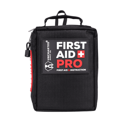 A black first aid bag with the label 'First Aid Pro' on the front.