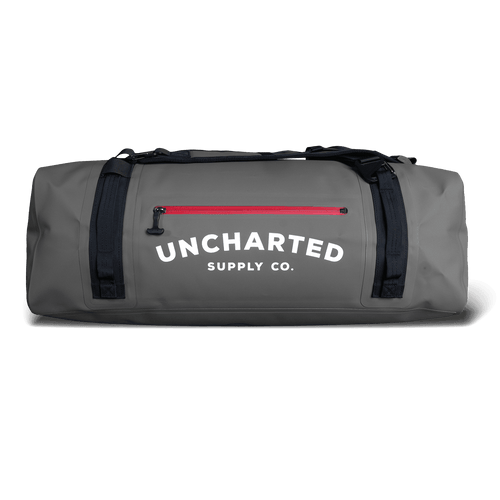 Front view of a Grey Vault 65L duffel