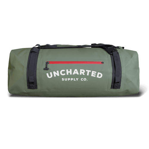 Front view of a Olive Vault 65L duffel