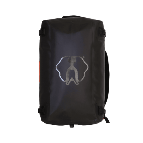 Black 45L Vault showing the bottom of the bag logo