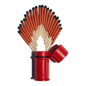 Stormproof Matches: red-tipped matches fanned from a red waterproof container with a black O-ring and separate lid