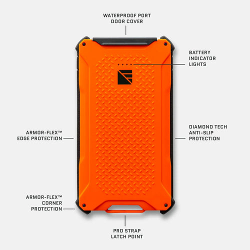 Dark Energy Poseidon Pro rugged power bank with orange anti-slip shell, battery lights, waterproof port, and Armor-Flex protection