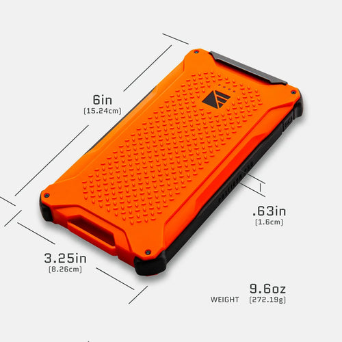 Poseidon Pro by Dark Energy, rugged orange portable power bank. Measures 6x3.25x.63in, weighs 9.6oz