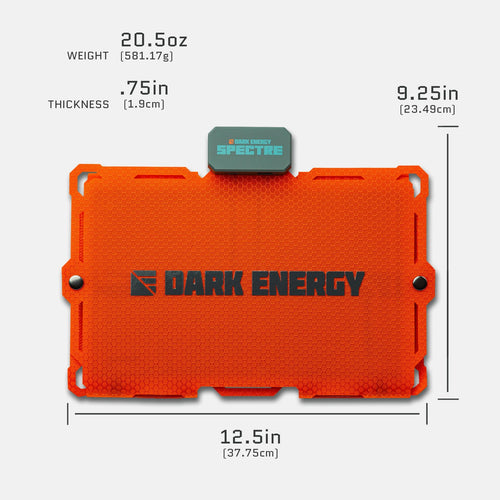 Dark Energy Spectre 18W emergency power bank: orange honeycomb textured, 12.5in wide, 9.25in high, .75in thick, 20.5oz