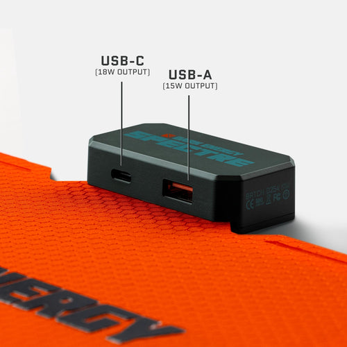 Spectre 18W Dark Energy power bank, black, with 18W USB-C and orange 15W USB-A ports
