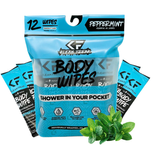 Klean Freak Body Wipes 12 pack, peppermint, antibacterial, biodegradable, individually wrapped for on-the-go