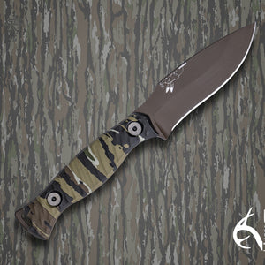 Half Face Blades The 86' fixed blade knife with Plum Brown Cerakote blade, Realtree camo Micarta handle, Allen bolts