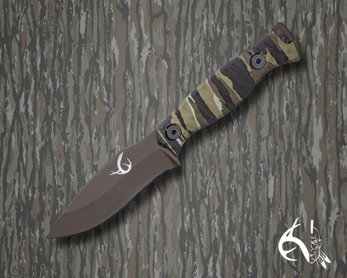 Half Face Blades The 86' knife, plum brown cerakote blade, Realtree Original camo micarta handle, textured grip