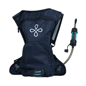 Puribag Adventure Pack: black hydration backpack with water filter kit and hose, white logo on front