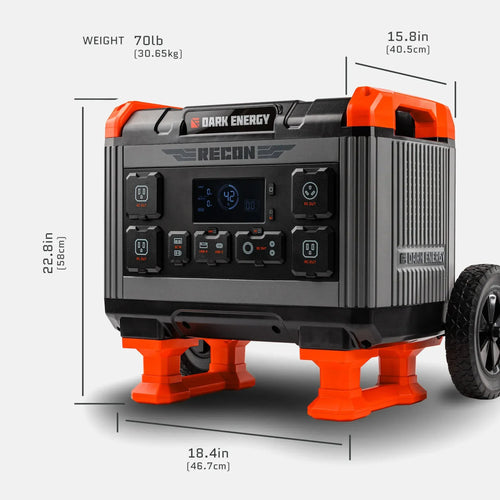 Dark Energy Recon 2000 portable power station with AC, DC, USB ports, orange handles, and wheels, 70lb