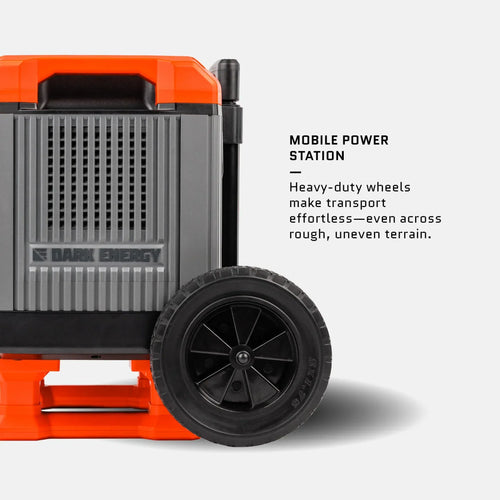 Recon 2000 mobile power station by Dark Energy with heavy-duty wheels for all-terrain transport