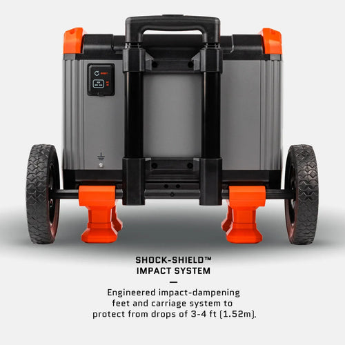 Recon 2000 rugged portable power station by Dark Energy, showing wheels, retractable handle, and impact-dampening feet