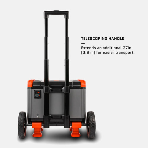 Dark Energy Recon 2000 portable power station, rear view with telescoping handle extended and large wheels for transport