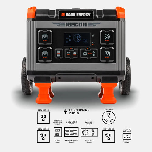 Dark Energy Recon 2000 portable power station, gray with orange, 16 charging ports (AC/USB/DC), display, wheels