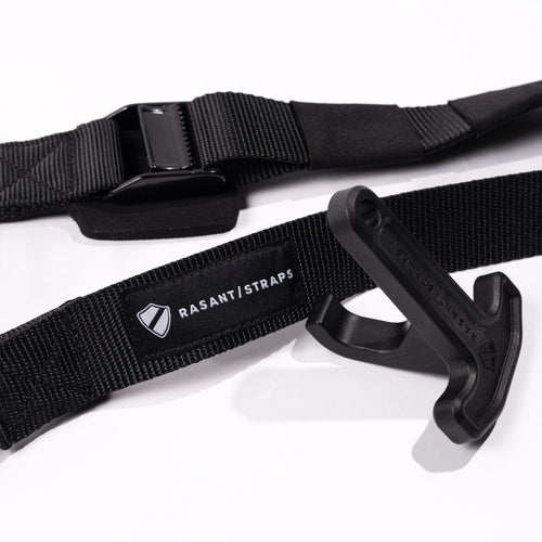 T^Pull Straps by Rasant Straps, black heavy-duty webbing strap system with a quick-release buckle and T-shaped utility hook