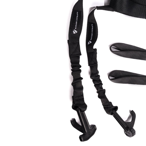 T^Pull Straps by Rasant Straps, a pair of black elastic utility straps with plastic hooks and webbing loops