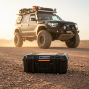 Roadster Auto Kit, a black rugged emergency car kit, on a dirt road in front of an Uncharted off-road SUV