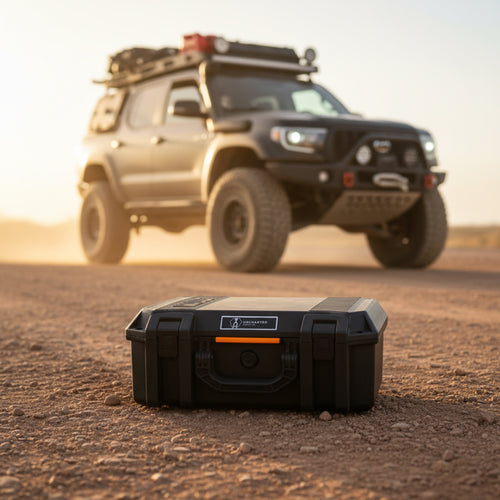 Roadster Auto Kit, a black rugged emergency car kit, on a dirt road in front of an Uncharted off-road SUV