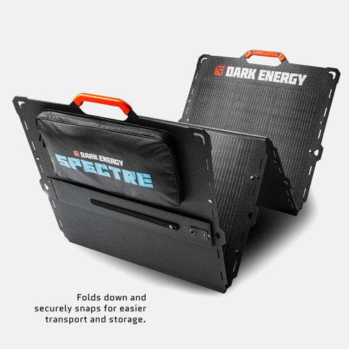 Dark Energy Spectre 200W foldable solar panel, black with orange handles and storage pouch