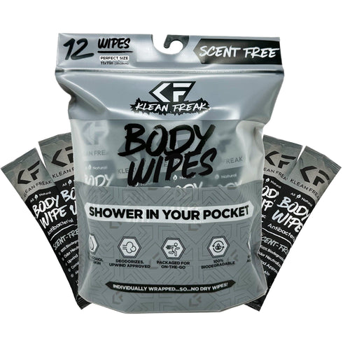 Klean Freak Body Wipes, 12 count, scent-free, individually wrapped 11x11in, antibacterial, biodegradable