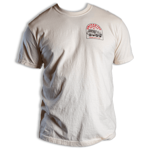Death Avoidance Specialist T-Shirt, cream, with Uncharted Supply Co overland vehicle graphic, great outdoor adventure apparel