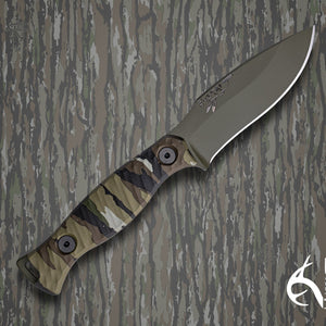 Half Face Blades The 86' fixed blade knife with sniper green cerakote and Realtree camo micarta handle