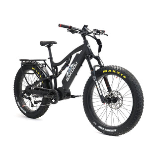 Bakcou Storm G2 electric fat tire bike, black, full suspension, mid-drive motor, rear rack