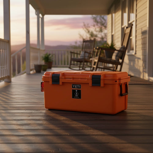 The Basecamp - 60L orange rugged storage case, an Uncharted emergency kit on a porch at sunset