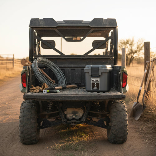 The Overlander off-road survival kit in a UTV bed with ranching tools and shovels
