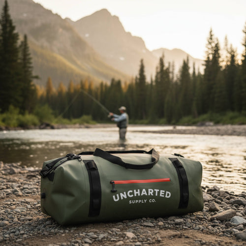 The Vault 45L Duffel Bag, olive green waterproof duffel on a rocky river bank with an angler, mountains