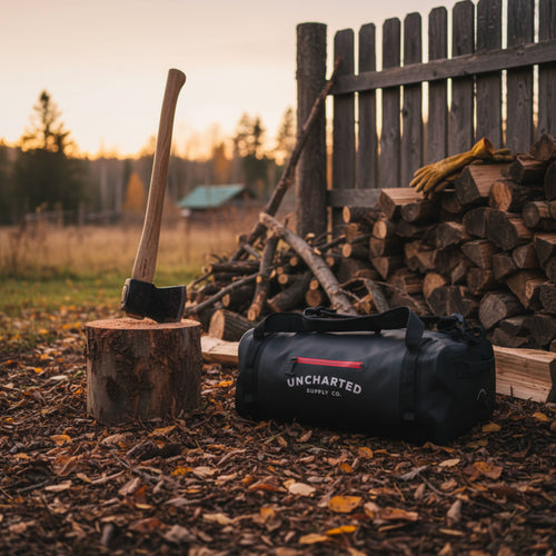 The Vault 45L Duffel Bag by Uncharted Supply Co, black waterproof with red zipper, in a rustic outdoor setting with axe