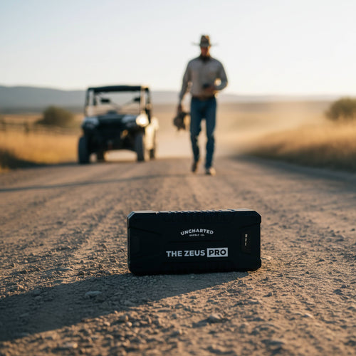The Zeus Pro portable jump starter and power bank on a dirt road with an off-road vehicle nearby