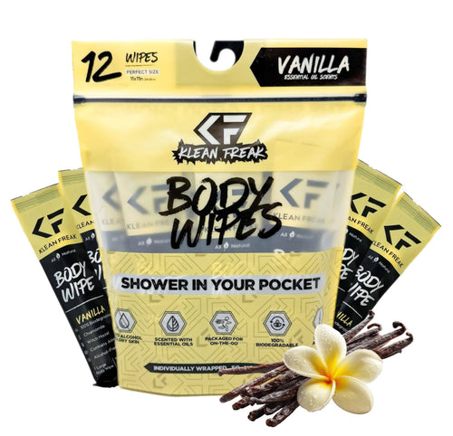 Klean Freak Body Wipes 12-pack, vanilla scent, individually wrapped for on-the-go, biodegradable