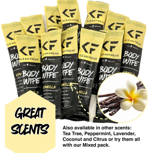 Klean Freak Body Wipes 12-pack, vanilla scent with flower/pods. Also available: tea tree, peppermint, lavender, coconut, citrus