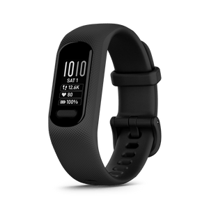 Garmin VivoSmart 5 large black fitness tracker showing time, steps, heart rate, and battery life