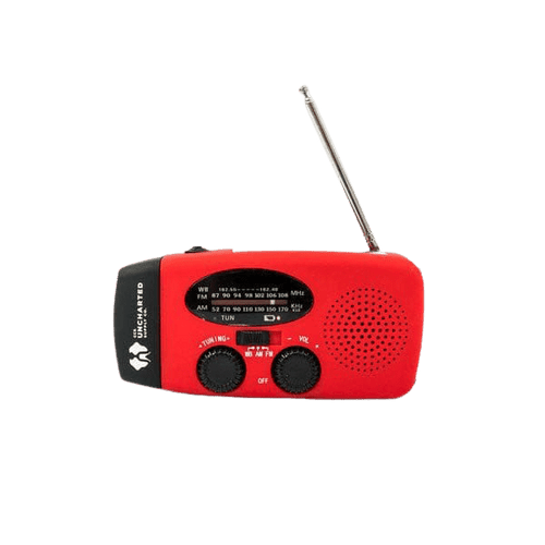 WB Crank Radio, a red Uncharted Supply Co. survival radio with extended antenna, tuning, and volume knobs