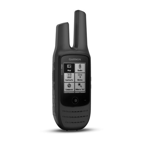 Garmin Rino 700 handheld GPS two-way radio with dual antennas, a color screen displaying map and contacts on a white background