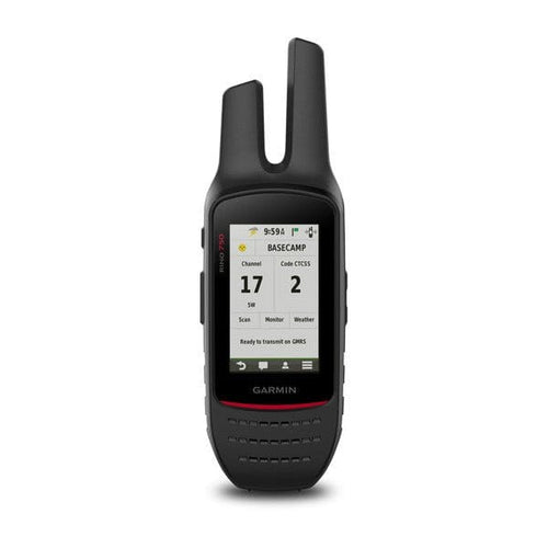 Garmin Rino® 700 handheld GPS radio, black rugged device with antenna and screen showing GMRS settings