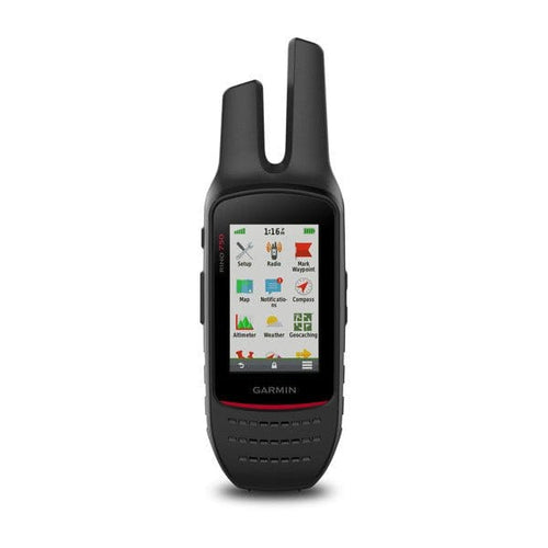Garmin Rino 700 handheld GPS & two-way radio with twin antennas, black, screen shows menu icons