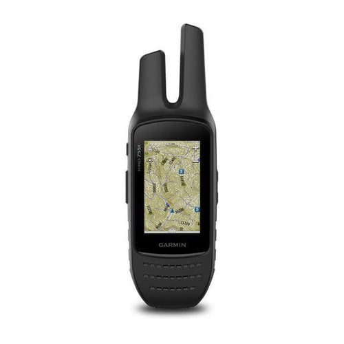 Garmin Rino® 700 black handheld GPS radio displaying a detailed topographic map
