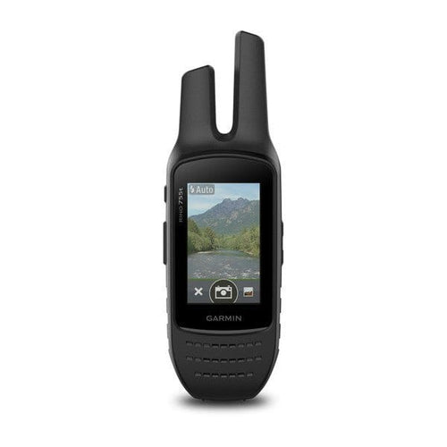 Black Garmin Rino® 700 handheld GPS two-way radio with camera, showing mountain scene on screen