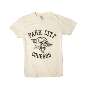 Park City Cougars T-shirt, cream unisex tee with black 'PARK CITY' and 'COUGARS' text and a roaring cougar graphic