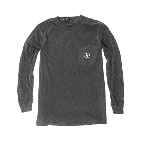Unisex Landscape Long Sleeve Shirt in pepper with a chest pocket and white dog head logo