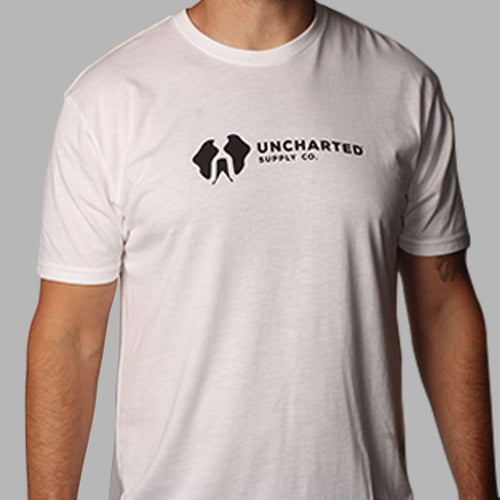 Mosaic T-shirt: White tee with black Uncharted Supply Co. logo